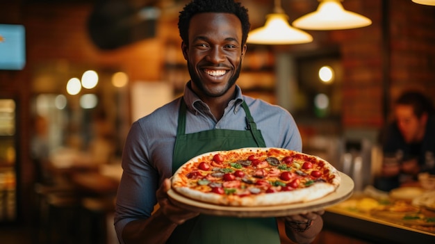 Afroamerykanin szef kuchni trzyma gotową pizzę z piekarnika