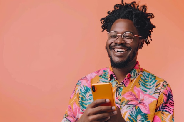 Afroamerykanin uśmiecha się pewnie, polecając żywą aplikację mobilną na brzoskwiniowym tle. Jego entuzjazm przyciąga uwagę.