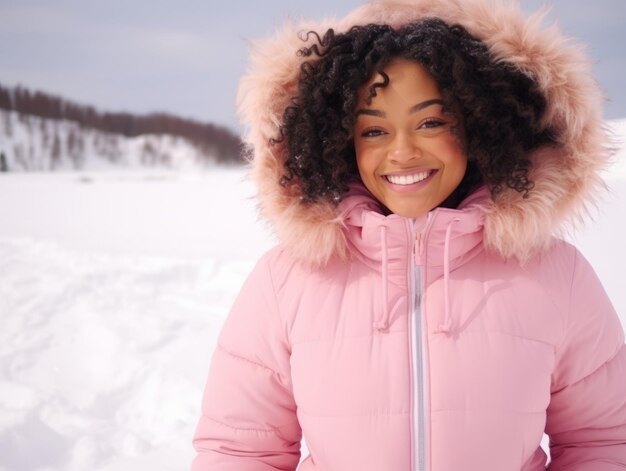 Afroamerykanka cieszy się zimowym śnieżnym dniem w zabawnej, emocjonalnej, dynamicznej pozycji.