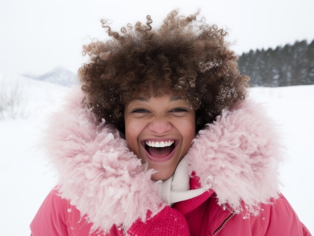 Afroamerykanka cieszy się zimowym śnieżnym dniem w zabawnej, emocjonalnej, dynamicznej pozycji.