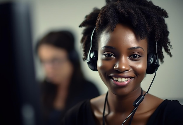 Afroamerykanka, operatorka, agentka z słuchawkami pracująca w call center.