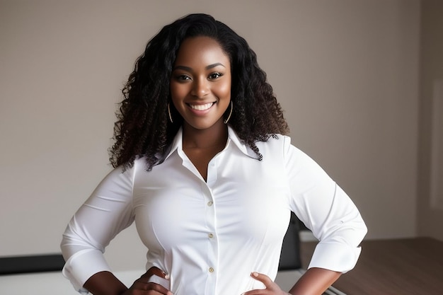 Afroamerykanka plus size sekretarka w białej bluzce uśmiecha się w biurze
