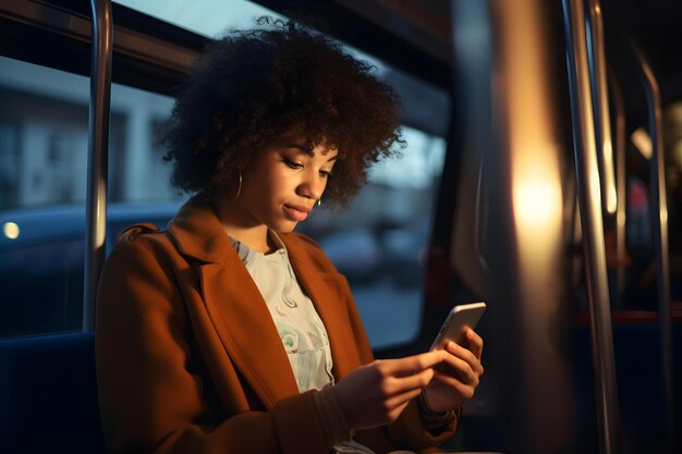 Afroamerykanka siedzi w autobusie i rozmawia przez telefon komórkowy w nocy