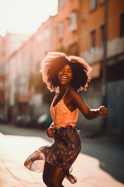 Afroamerykanka tańcząca i skacząca radośnie na ulicy wygenerowana za pomocą sztucznej inteligencji