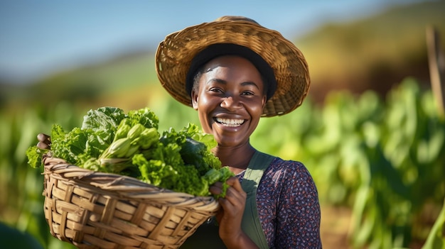 Afroamerykanka trzyma kosz ze zbiorami różnych warzyw