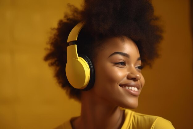 Afroamerykanka uwielbia słuchać muzyki z słuchawkami w jesieni modnym stylu pozując na żółtym tle Generatywna sztuczna inteligencja