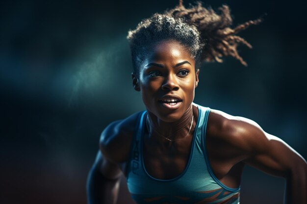 Afroamerykańska biegaczka biegająca na torze w stylu bokeh