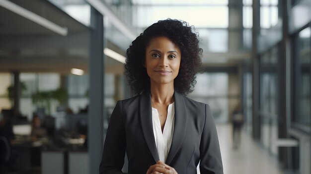 Afroamerykańska bizneswoman stojąca w biurze 35 45 lat uśmiechając się patrząc w kamerę