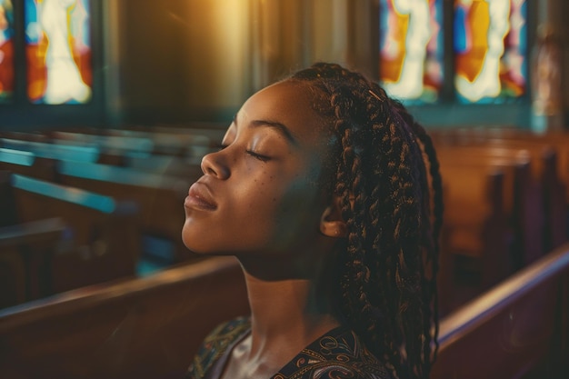 Afroamerykańska dziewczyna modląca się w kościele