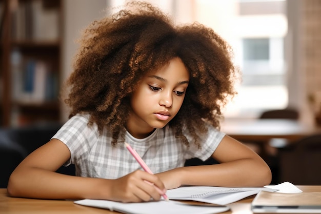 Afroamerykańska dziewczyna siedzi i robi zadania domowe przy stole w domu.