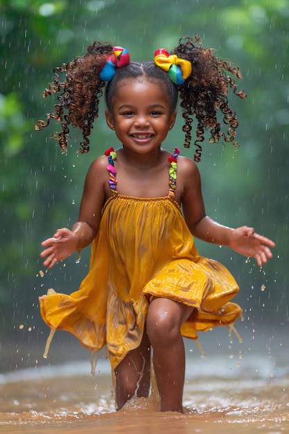 Afroamerykańska dziewczyna z kręconymi włosami związanymi żywymi wstążkami pokazuje duże jasne oczy i p