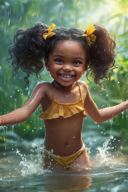 Afroamerykańska dziewczyna z kręconymi włosami związanymi żywymi wstążkami pokazuje duże jasne oczy i p