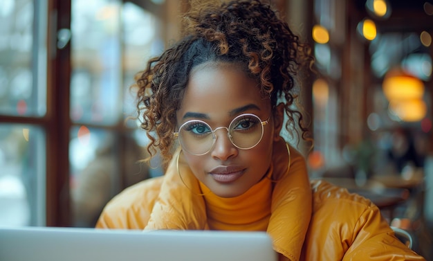 Afroamerykańska kobieta w okularach siedząca w kawiarni z laptopem