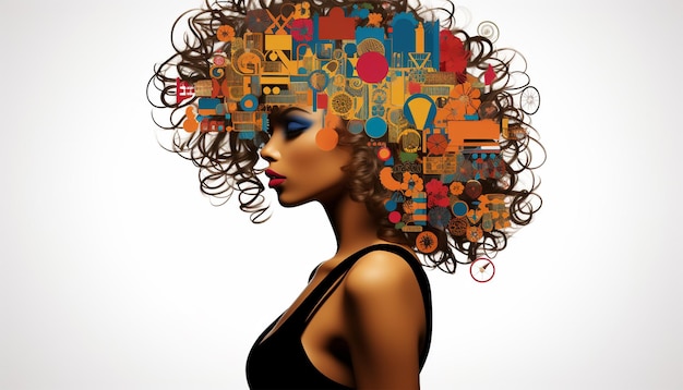 Afroamerykańska kobieta z kwiatami we włosach Abstrakcyjny portret kobiety amerykańskiej czarnej skóry