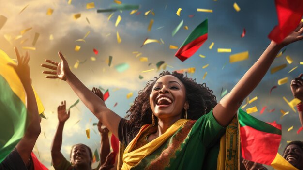 Afroamerykańska kobieta z podniesionymi ramionami w powietrzu świętująca dziesiątą luty wolność i afrykańską