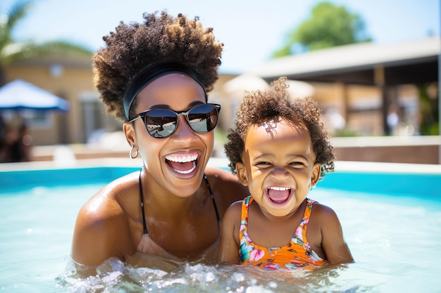 Afroamerykańska mama i dziecko latem w basenie