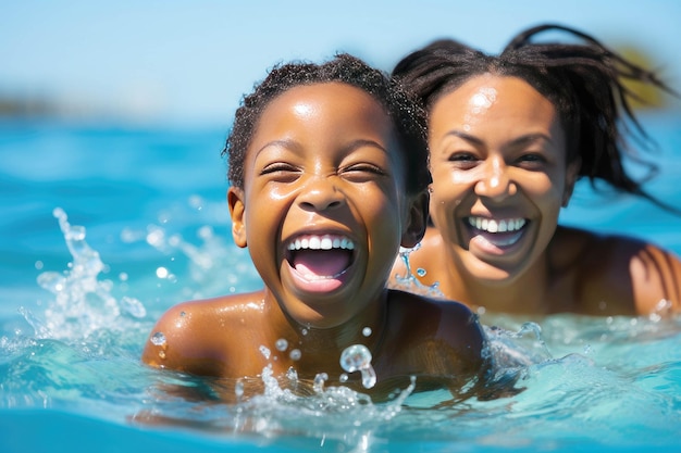 Afroamerykańska matka i syn pływają w basenie Letnie wakacje
