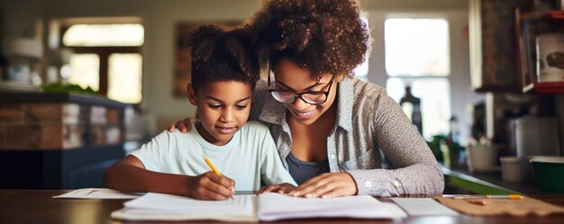 Afroamerykańska matka pomagająca synowi w zadaniach domowych Koncepcja edukacji domowej Zapisują rozwiązania zadań w swoim notatniku Format zdjęcie 52