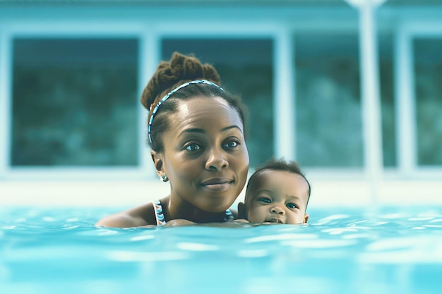 Afroamerykańska matka uczy swoje dziecko pływać w basenie Rozwój dziecka