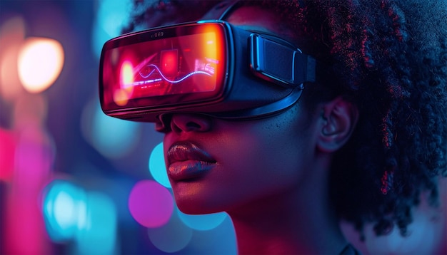 Afroamerykańska młoda kobieta w okularach vr ogląda wideo 360 stopni za pomocą zestawu słuchawkowego wirtualnej rzeczywistości