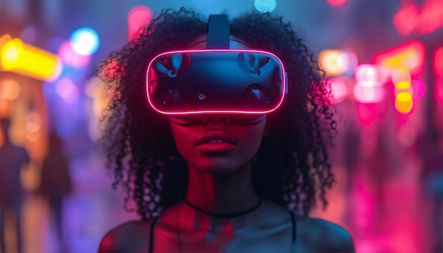 Afroamerykańska młoda kobieta w okularach vr ogląda wideo 360 stopni za pomocą zestawu słuchawkowego wirtualnej rzeczywistości