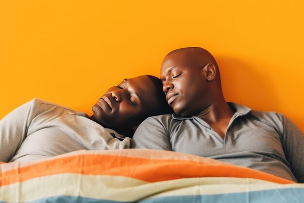 Afroamerykańska para gejów śpi przytulona w łóżku Koncepcja miłości tej samej płci