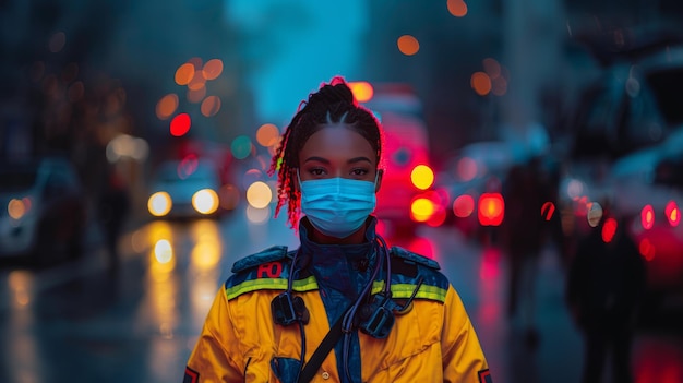 Afroamerykańska pielęgniarka z maską na twarzy na zewnątrz