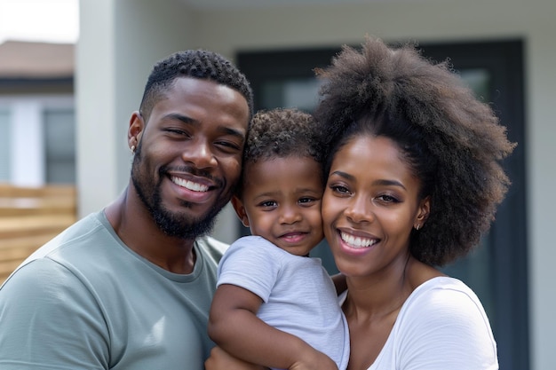 Zdjęcie afroamerykańska rodzina w wieku trzydziestu lat z małym dzieckiem przed nowym domem wynajem lub kredyt hipoteczny
