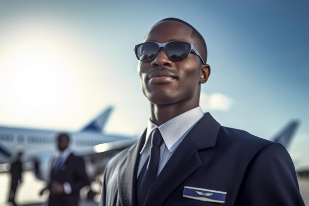Afroamerykańska stewardesa w mundurze stewardesy i okularach przeciwsłonecznych