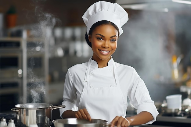 Afroamerykańska szef kuchni przygotowuje jedzenie w profesjonalnej kuchni