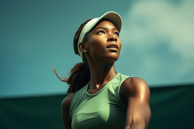Afroamerykańska zawodniczka tenisa w akcji na prostym tle