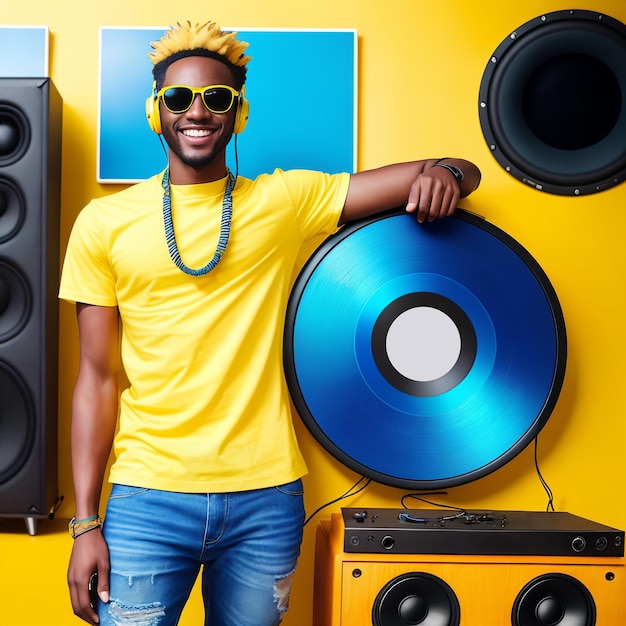 Afroamerykański muzyk lub raper w okularach przeciwsłonecznych stoi pod ścianą głośników audio