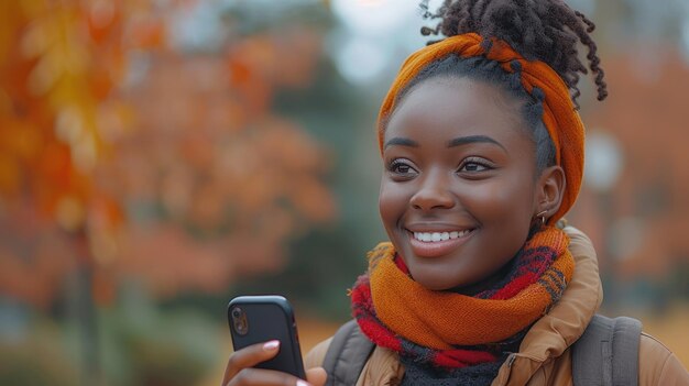 Afroamerykański nastolatek uśmiechający się ze smartfonem w College Park