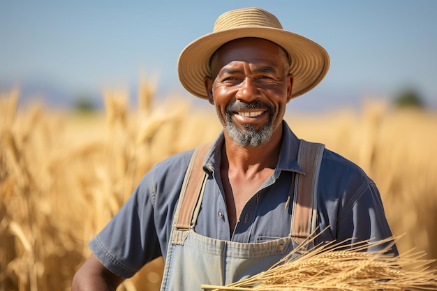Afroamerykański rolnik wśród nieskończonego pola dojrzałej pszenicy