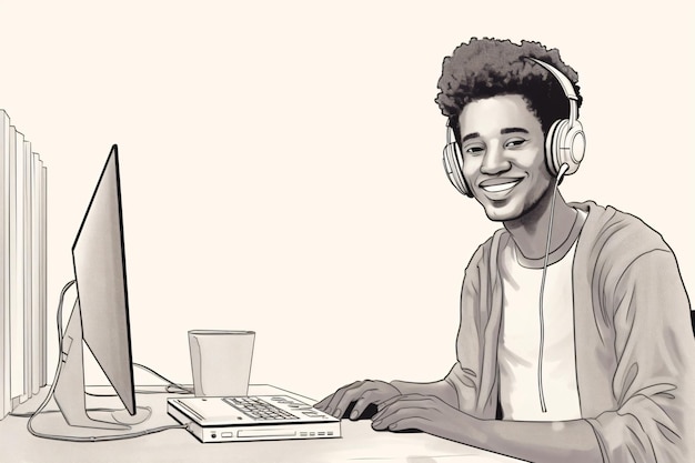 Afroamerykański student pracujący na swoim laptopie, koncepcja uczenia się online i pracy zdalnej