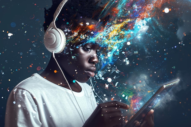 Afroamerykański student z tabletem w rękach i słuchawkami na surrealistycznym tle ilustracja 3D