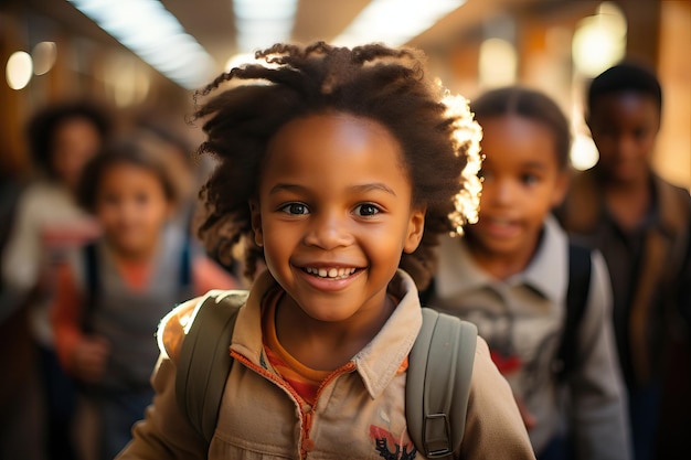 Afroamerykańskie dziecko pierwszy dzień w szkole Dzieci Różnorodność łącząca się szczęśliwie