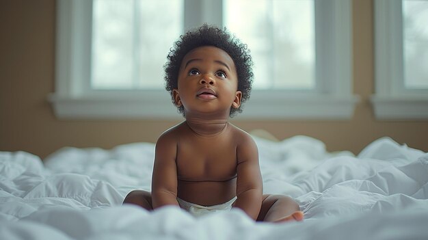 Afroamerykańskie dziecko w łóżku z uroczym uśmiechem