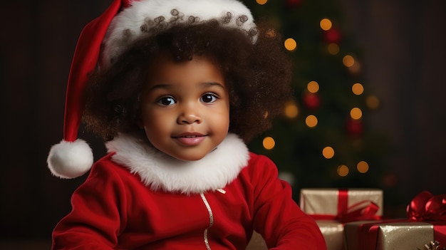 Afroamerykańskie niemowlę uśmiecha się szczęśliwie w kapeluszu Świętego Mikołaja na święto sezonu. Koncepcja stworzona za pomocą technologii Generative AI