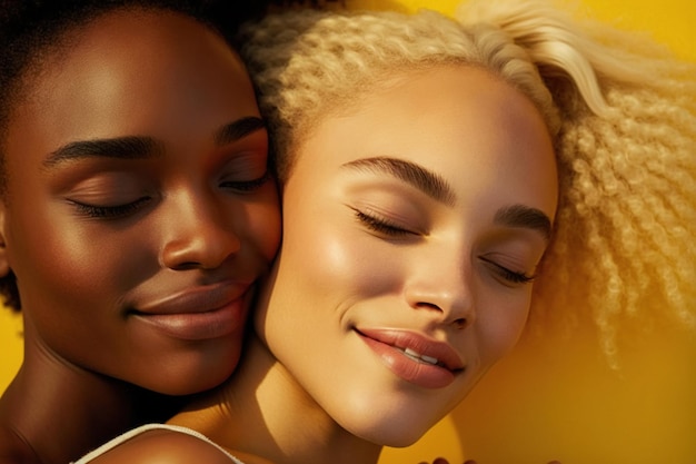 Afrodescendant modelu AfricanAmerican obok blond modelu rasy kaukaskiej Żółte tło