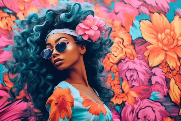 Zdjęcie afrofuturistyczna barbiecore kwiatowa letnia piękno w futuristycznym świecie
