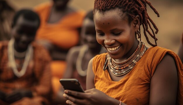Afryka Wesoła kobieta z afrykańskiego plemienia łowcy używający nowoczesnej technologii smartfonu cheering