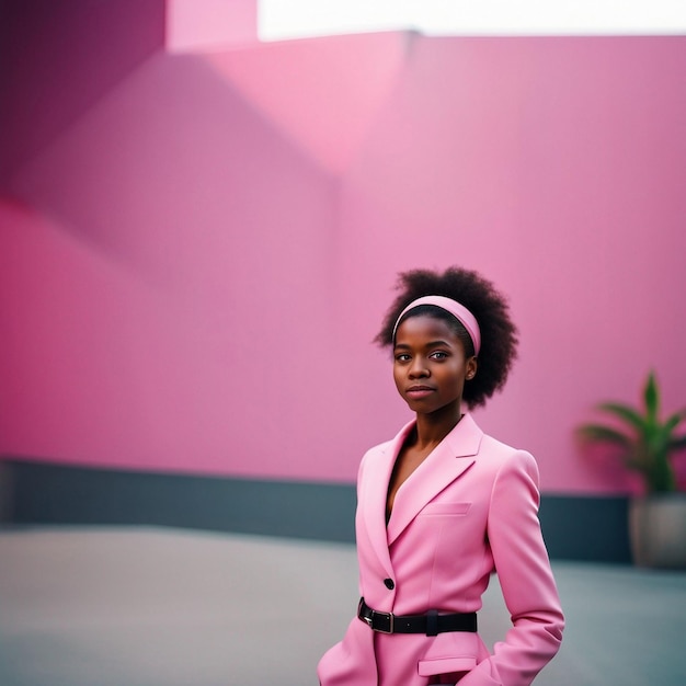 Afrykańska czarna młoda kobieta w różowym kostiumu z różowym tłem