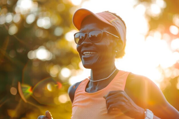 Afrykańska kobieta biegnie na zewnątrz w słoneczny dzień w świetle solf i stylu bokeh ma 55 lat