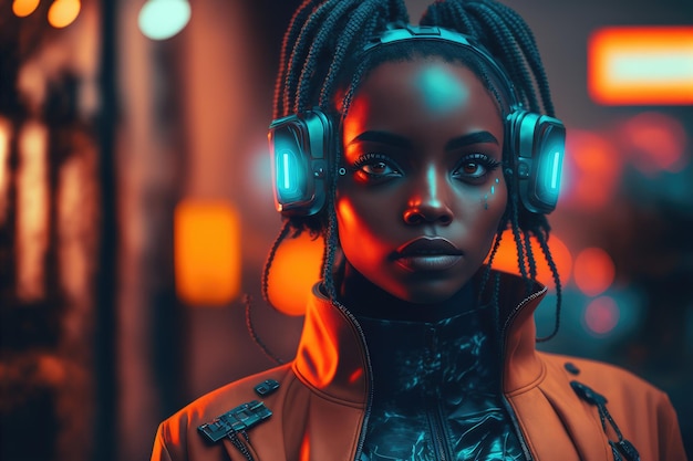 Afrykańska kobieta nosi gogle wirtualnej rzeczywistości stojące w tle wirtualnego świata