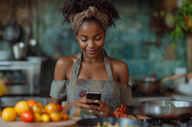 Afrykańska kobieta oglądająca przepis na telefonie podczas gotowania