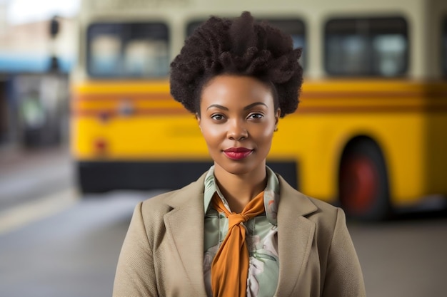 Afrykańska kobieta stojąca przy autobusie w koszuli Generative Ai