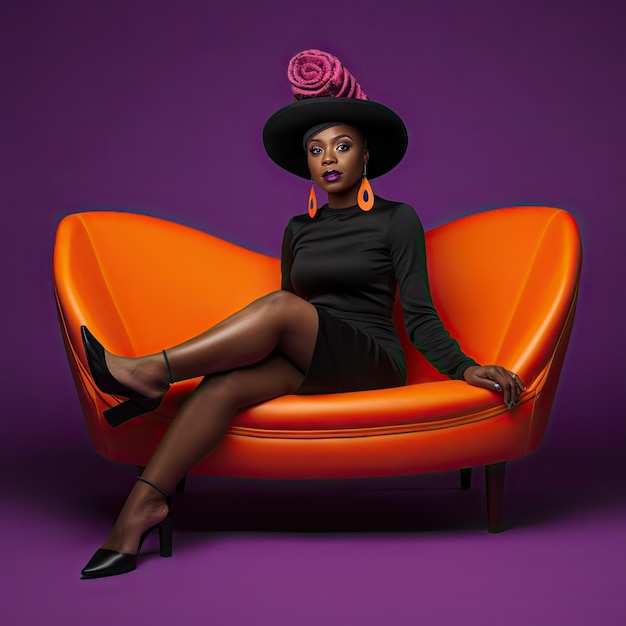 Afrykańska kobieta ubrana w Halloweenowe ubrania, siedząca na kanapie