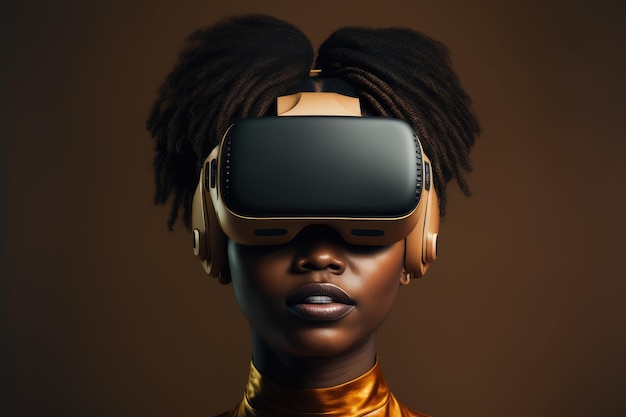 Afrykańska kobieta w okularach wirtualnej rzeczywistości stojąca studio czyste tło