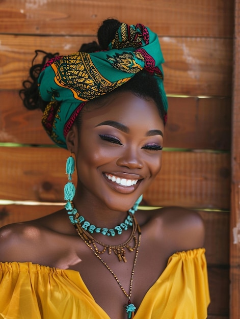 Afrykańska kobieta w turbanie tradycyjne ubrania i wnętrze Dziewczyna z biżuterią w kolorowych ubraniach czarna piękna skóra i zachowująca swoją afrykańską etniczność